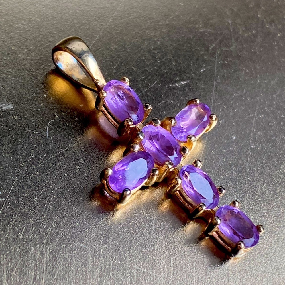 925 Sterling silver gold plated amethyst cross pendant
